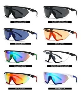 Matrix view of eight colorful oversized one-piece cycling sunglasses in various lens colors