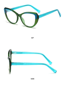 Cat eye optical frame detail showing 45-degree angle and side profile of teal temples