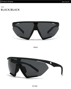 Front and 45-degree side views of black oversized shield sunglasses with hollow temples