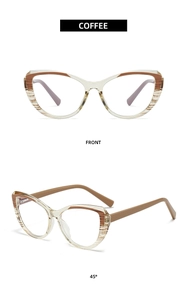Detailed view of coffee cat-eye glasses frame with stylish striped temples and transparent finish