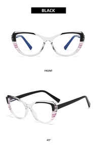 Front and 45-degree views of cat-eye anti-blue light glasses with purple stripes