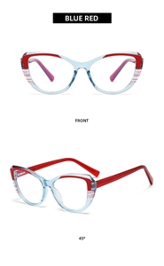 Front and 45-degree views of stylish cat-eye blue and red optical glasses frames