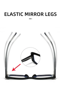 Détail des branches élastiques flexibles sur une monture carrée noire et bleue chic