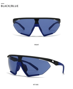 Front and 45-degree side views of black and blue oversized wraparound sports sunglasses