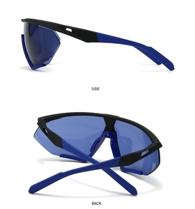 Detailed side and back views of oversized wrap-around sunglasses with blue lenses