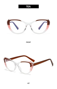 Front and 45-degree views of tea-colored cat-eye glasses with striped frame details
