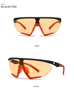 Front and 45-degree side views of black and tea oversized wrap-around sunglasses