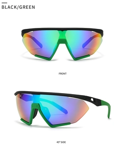 Front and side view of sporty oversized shield sunglasses with black and green frame