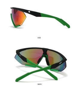 Detail view of sport sunglasses showing the black green frame and side back perspectives