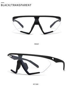 Front and 45-degree side views of retro oversized black frames with transparent lenses