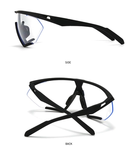 Detailed side and back view of oversized cycling sunglasses with clear lenses and blue coating