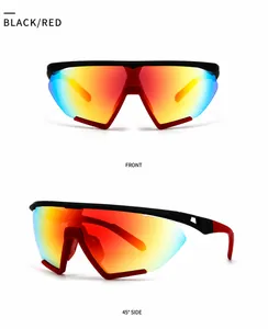 Detailed front and 45-degree side view of black and red oversized sports sunglasses