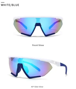 Front and 45-degree side view of white frame sports sunglasses with blue coated lenses