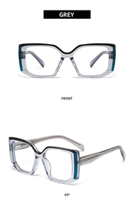 Vue de face et de profil de lunettes grises translucides avec détails bleus