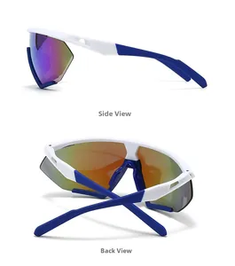 Detailed side and back views of sporty white-blue sunglasses with iridescent lenses