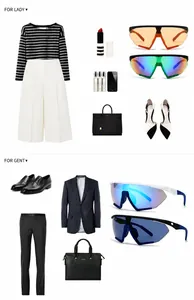 Flat lay of oversized sports sunglasses with elegant outfits for men and women
