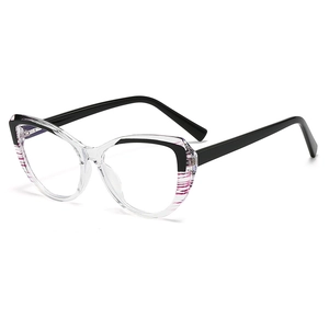 Retro cat-eye blue light blocking glasses with clear frames and striped accents
