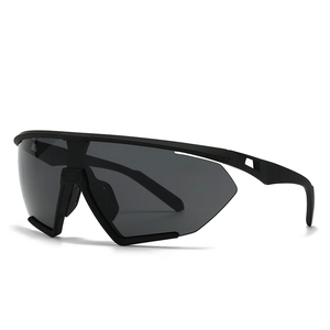 Retro oversized wrap around sports sunglasses in black frame with dark grey lenses