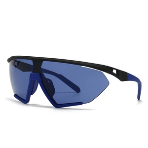 Oversized wrap around retro sports sunglasses with blue tinted lens and black frame