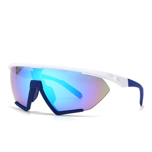 Oversized white and blue sports sunglasses with colorful gradient shield lenses