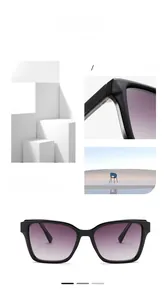 Detail of square black sunglasses featuring stylish purple gradient lenses and modern frames