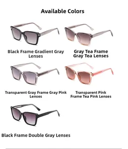 Detail view of five trendy square sunglasses in various gradient lens colors and frames
