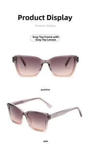 Detailed front and side view of translucent grey-tea square frame sunglasses with gradient lenses