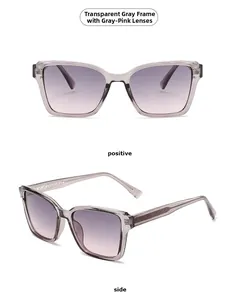 Detail view of transparent grey square sunglasses with gradient pink lenses and metal core