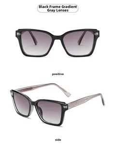 Detailed views of black square sunglasses with gradient grey lenses and purple temples