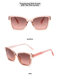 Front and side views of pink square sunglasses with transparent frames and gradient lenses