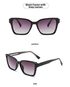 Front and side views of large black square sunglasses with gradient grey lenses