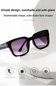 Close-up of square sunglasses with black frames and purple gradient lenses on a pedestal