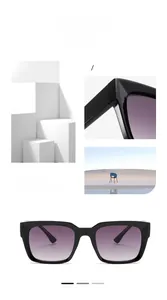 Detail view of black square oversized sunglasses with purple gradient lenses
