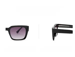 Close-up of square sunglasses featuring thick black frames and purple gradient lenses