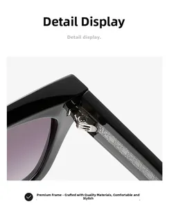 Macro shot of square sunglasses with purple gradient lenses and engraved metal temple cores