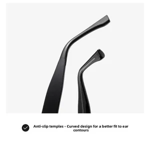 Detail of anti-slip curved temples on black square sunglasses for ergonomic ear fit