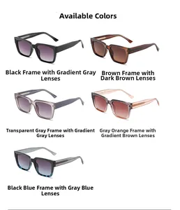 Detailed flat lay of square sunglasses in five colors including black and tortoise frames