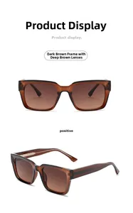 Macro view of square tea-colored transparent resin frame sunglasses with gradient lenses