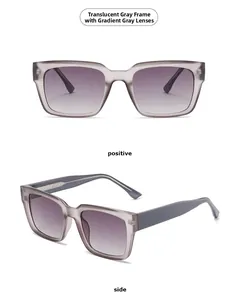 Detail view of transparent gray square sunglasses with gradient gray lenses from two angles