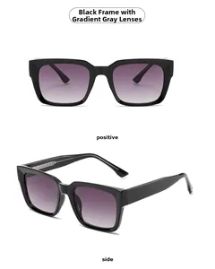 Detail of square black thick frames and purple to grey gradient lenses on sunglasses
