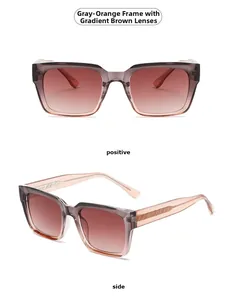 Detail view of grey-orange square sunglasses with gradient tea lenses and side texture