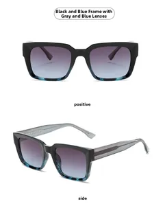 Detail view of square gradient lens sunglasses with dark blue textured frame from two angles