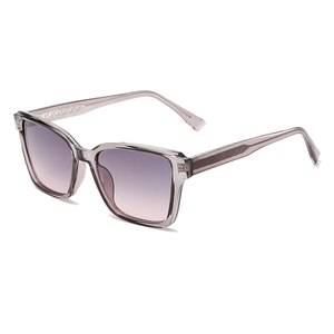 Fashionable square oversized sunglasses with translucent frames and purple gradient lenses