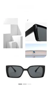 Detail of high-gloss black square sunglasses with UV-resistant dark grey lenses