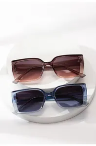 Close-up of gradient lenses and textured transparent frames on white pedestals