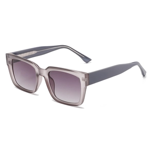 Modern square sunglasses with translucent grey-purple frames and gradient lenses