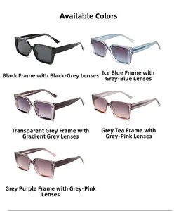 Available colors of square frame sunglasses in black, blue, grey and tea tints