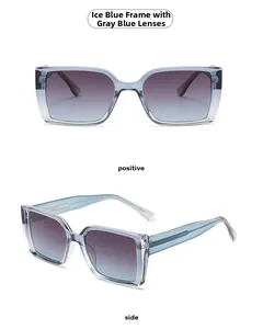 Front and side views of ice blue square sunglasses with grey blue gradient lenses