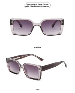 Detail view of square transparent grey sunglasses with gradient grey lenses from two angles