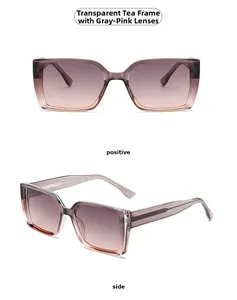 Close-up of square tea-colored sunglasses with gradient grey-pink resin lenses